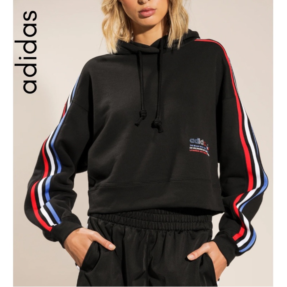 Adidas Women's Black Cropped Hoodie with Red White & Blue Stripes size S